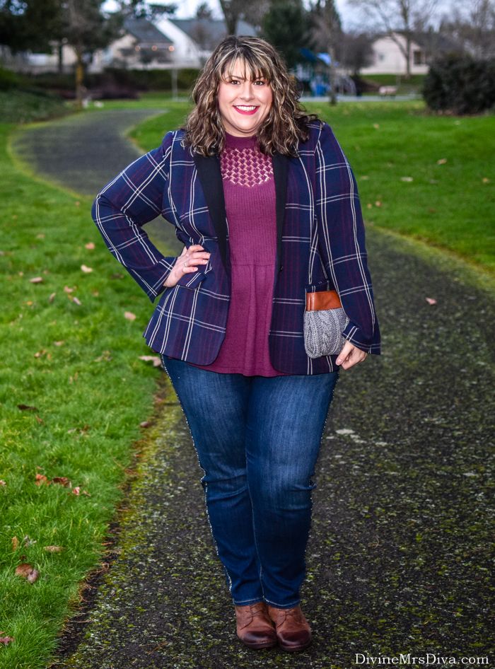 In today’s post, Hailey steps out of her comfort zone and tries a monochrome look, and styles the Lane Bryant Blazer in Navy Plaid two ways. (Featuring Lane Bryant Bryant Blazer in Plaid, Super Stretch Skinny Jean in Wine; Catherines Sparkle Stripe Jean, and Torrid Pointelle Knit Peplum Sweater, Comfortiva Cascade Boot) - DivineMrsDiva.com #LaneBryant #LaneStyle #Torrid #TorridInsider #Catherines #CatherinesStyle #Comfortiva #Zulilyfind #ThredUp #secondhandfirst #psblogger #plussizeblogger #styleblogger #plussizefashion #plussize #psootd #ootd #plussizeclothing #outfit #style #plussizecasual #plaid #monochrome