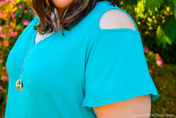 In today’s post, Hailey reviews the Lane Bryant V-Neck Cold-Shoulder Tee, a great basic tee for staying cute and cool in the summer heat. - DivineMrsDiva.com #LaneBryant #LaneStyle #Crocs #MelissaMcCarthy #MelissaMcCarthySeven7 #CharmingCharlie #JCPenney #plussizeshorts #psblogger #plussizeblogger #styleblogger #plussizefashion #plussize #psootd #ootd #plussizeclothing #outfit #summer #spring #style
