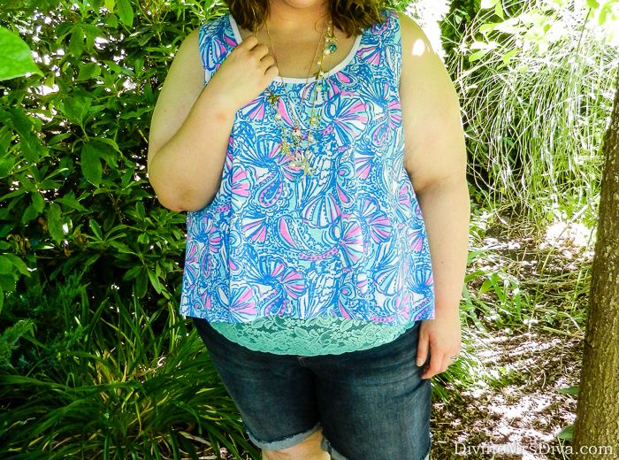 Hailey is wearing the Lilly Pulitzer for Target Jersey Tank, Lane Bryant Lace Trim Cami and Bermuda Shorts, and Harborside Shrug from Catherines. - DivineMrsDiva.com