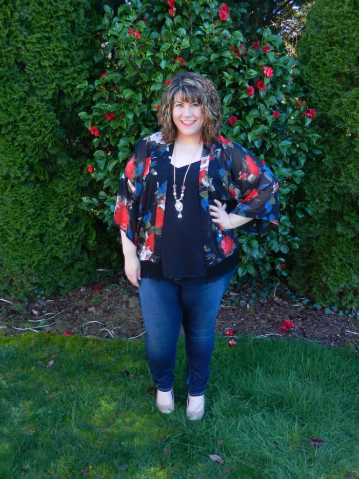 What I Wore: New Look Inspire Rose Print Tassel Kimono from ASOS Curve, Maurices Denim Flex Dark Wash Jeggings, Charming Charlie long necklace, Payless Nude Patent Wedges, Lane Bryant Black Swing Cami - DivineMrsDiva.com