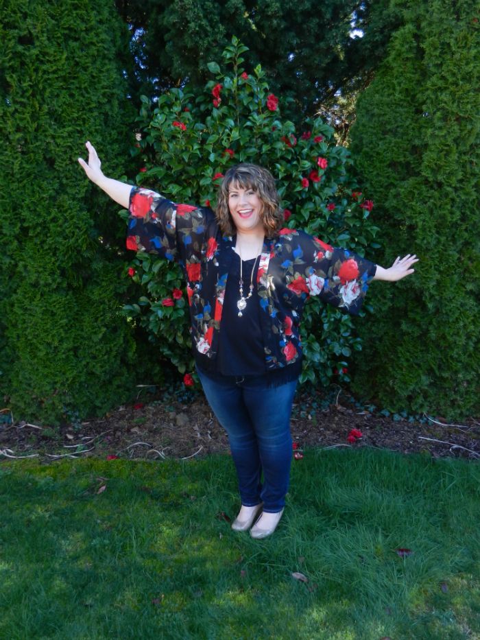 What I Wore: New Look Inspire Rose Print Tassel Kimono from ASOS Curve, Maurices Denim Flex Dark Wash Jeggings, Charming Charlie long necklace, Payless Nude Patent Wedges, Lane Bryant Black Swing Cami - DivineMrsDiva.com