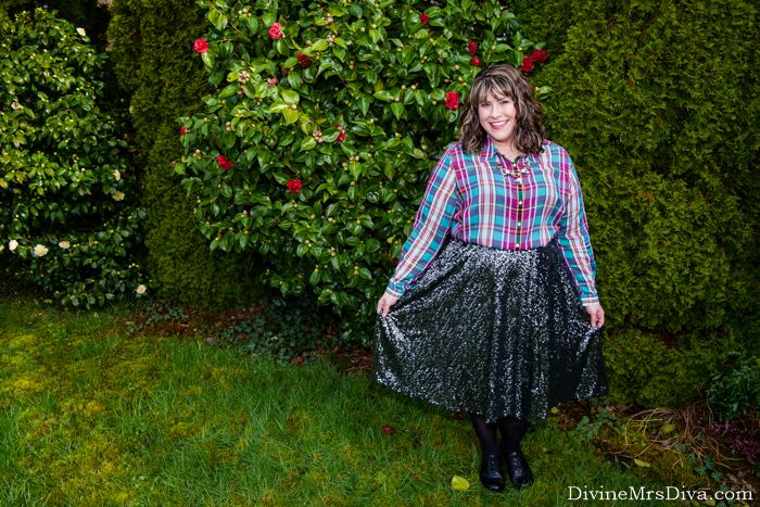 In today's post, Hailey utilizes rarely worn pieces for a festive holidat party look!  A bright tartan Foxcroft blouse, sequin circle skirt from Lane Bryant, and Comfortiva Oxfords marry bold fashion and comfort.- DivineMrsDiva.com #LaneBryant #Foxcroft #comfortiva #monetjewelry #Holidaystyle #sequins #sequinskirt #psblogger #plussizeblogger #styleblogger #plussizefashion #plussize #psootd #ootd #plussizeclothing #holiday #outfit #fall #winter #style
