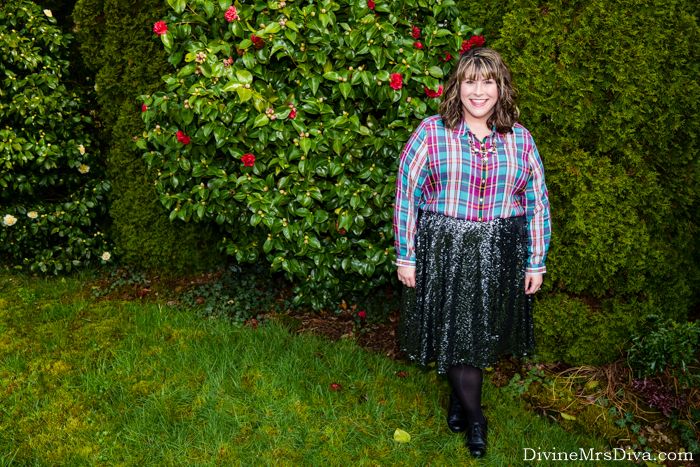 In today's post, Hailey utilizes rarely worn pieces for a festive holidat party look!  A bright tartan Foxcroft blouse, sequin circle skirt from Lane Bryant, and Comfortiva Oxfords marry bold fashion and comfort.- DivineMrsDiva.com #LaneBryant #Foxcroft #comfortiva #monetjewelry #Holidaystyle #sequins #sequinskirt #psblogger #plussizeblogger #styleblogger #plussizefashion #plussize #psootd #ootd #plussizeclothing #holiday #outfit #fall #winter #style