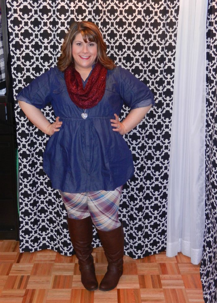 What I Wore: Lane Bryant Plaid Leggings, Avenue Riding Boots, Lane Bryant Chambray Tunic, Wal-Mart Sequin Infinity Scarf - DivineMrsDiva.com