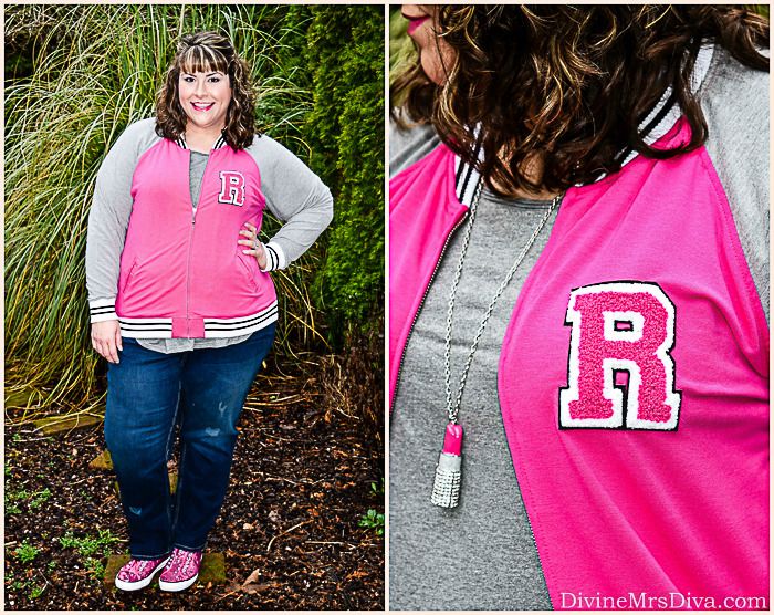  Hailey is wearing the Rebel for Torrid Varsity Jacket, Lane Bryant Silver Shimmer Pocket Tee, and Catherines Dark Wash Girlfriend Jeans. - DivineMrsDiva.com #Torrid #TorridInsider #LaneBryant #Catherines #ILoveCatherines #psblogger #plussizeblogger #styleblogger #plussizefashion #plussize #psootd #ValentinesStyle #plussizecasual