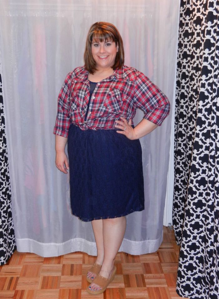 Hailey is wearing the SWAK Loretta Lace Dress via Gwynnie Bee and plaid shirt from Torrid. - DivineMrsDiva.com
