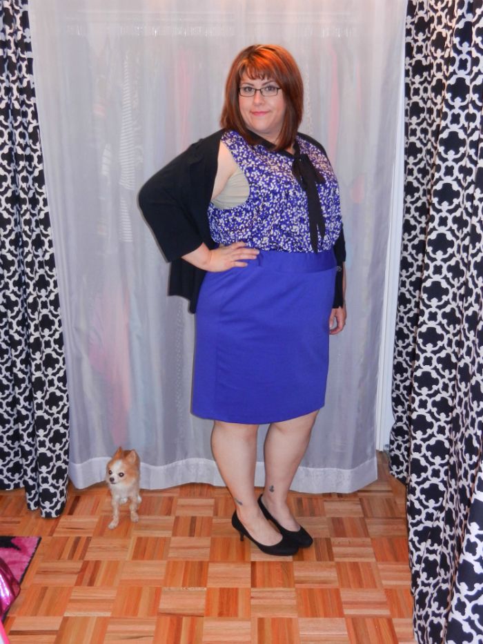 DivineMrsDiva.com - Spruce and Sage via Gwynnie Bee Fancy Dot Printed Bow Tie Top, Lane Bryant Ponte Pencil Skirt, Avenue Cardigan and Heels