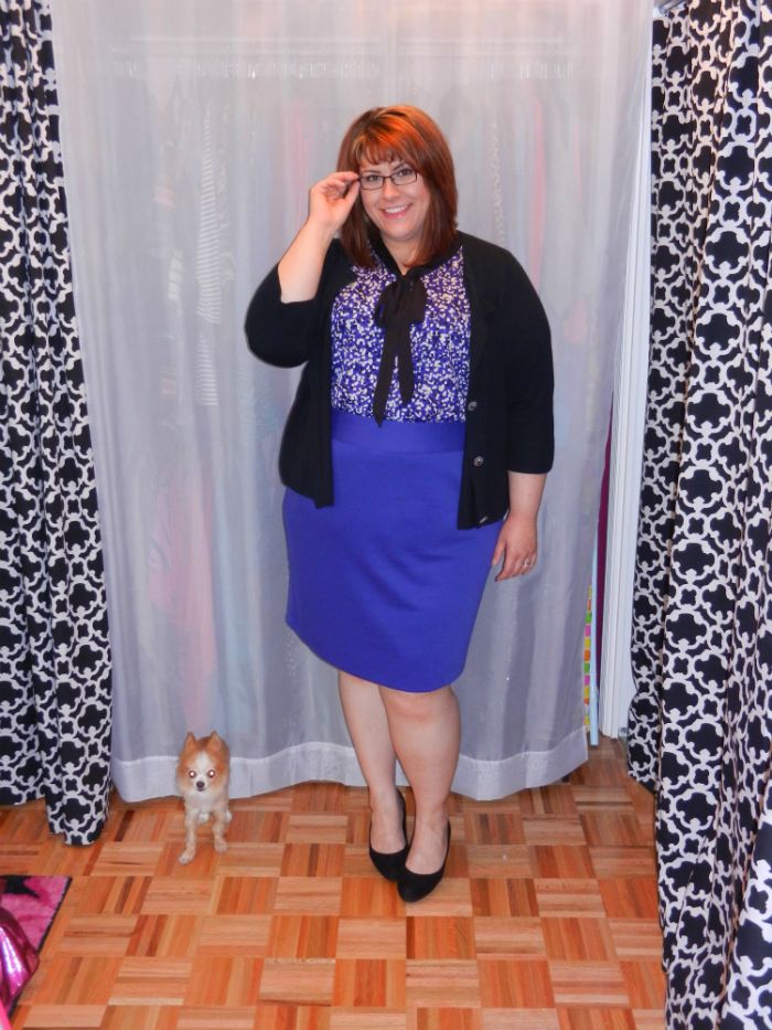 DivineMrsDiva.com - Spruce and Sage via Gwynnie Bee Fancy Dot Printed Bow Tie Top, Lane Bryant Ponte Pencil Skirt, Avenue Cardigan and Heels