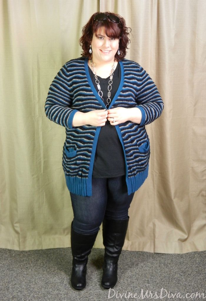 DivineMrsDiva.com - Cozy and Casual in Sejour Cardigan via Gwynnie Bee , Lane Bryant tee, Torrid jeggings, Avenue boots.