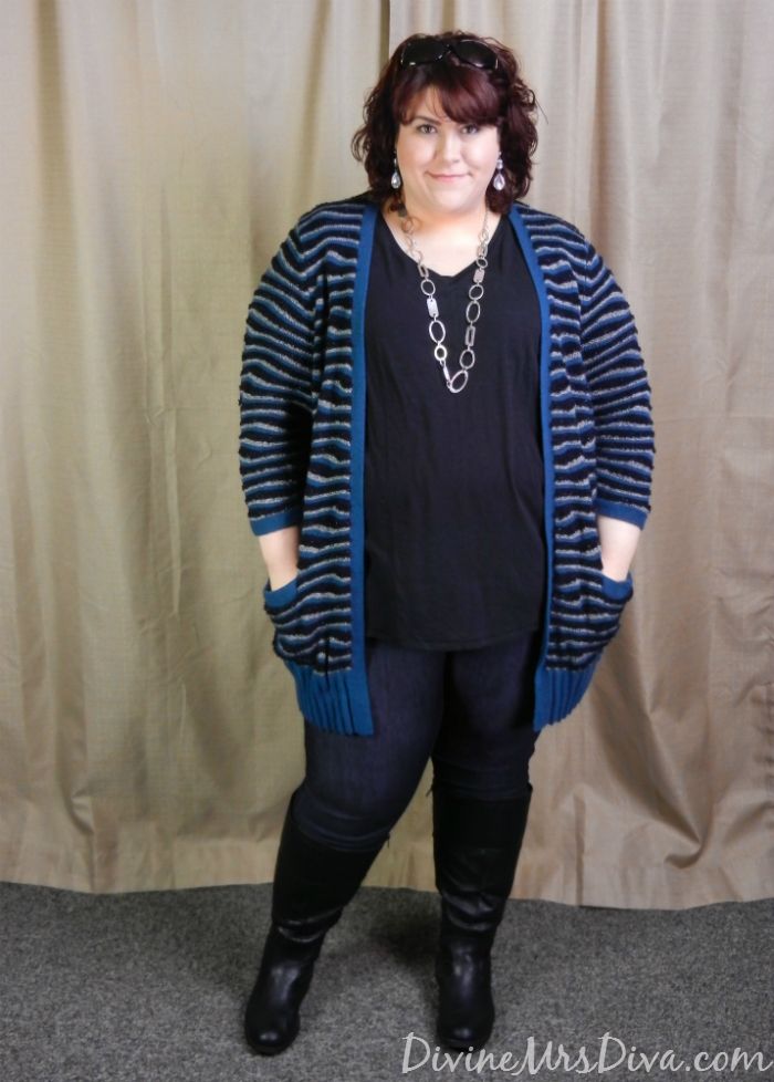 DivineMrsDiva.com - Cozy and Casual in Sejour Cardigan via Gwynnie Bee , Lane Bryant tee, Torrid jeggings, Avenue boots.