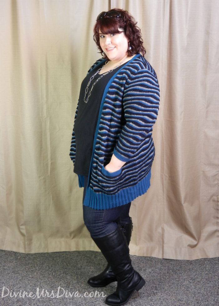 DivineMrsDiva.com - Cozy and Casual in Sejour Cardigan via Gwynnie Bee , Lane Bryant tee, Torrid jeggings, Avenue boots.