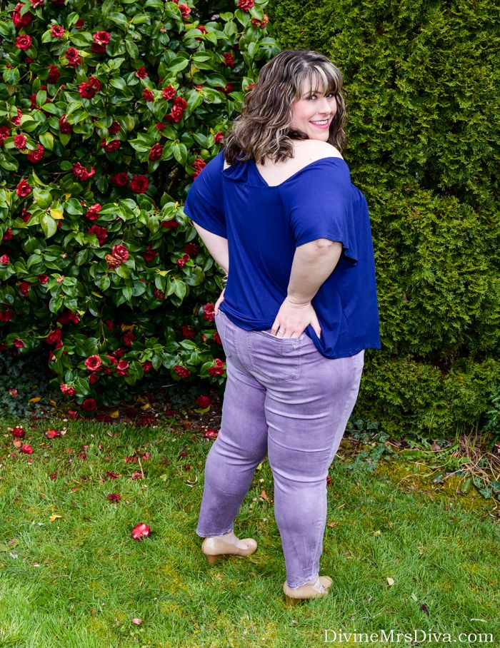 Purple jeans as practical?  In today's post, Hailey reviews the Ice Dye Ankle Jegging from Slink Jeans. For a dressier look, she pairs the Florence Flair Halter Top from Kiyonna with the jeans and nude wedges! - DivineMrsDiva.com #SlinkJeans #Kiyonna #KiyonnaPlusYou #Kiyonnastyle #purplejeans #psblogger #plussizeblogger #styleblogger #plussizefashion #plussize #psootd #ootd #plussizeclothing #outfit #fall #spring #summer #style 