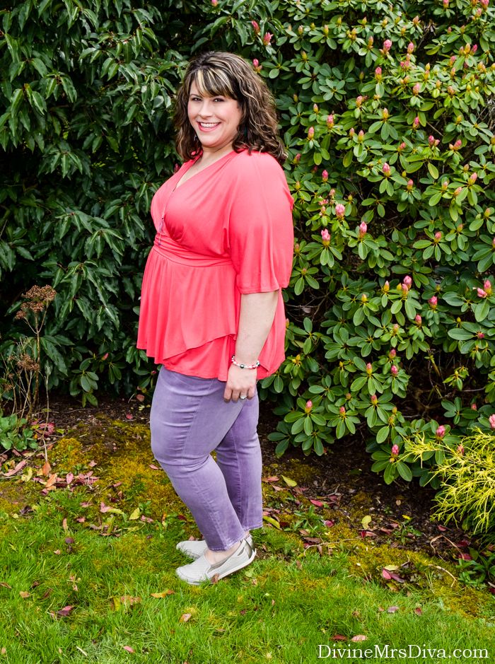 Purple jeans as practical?  In today's post, Hailey reviews the Ice Dye Ankle Jegging from Slink Jeans. For a casual ensemble, she pairs the Promenade Top from Kiyonna with the jeans, adding taupe Cobb Hill Zahara flats and colorful orchid jewelry from Nagasako Designs! - DivineMrsDiva.com #SlinkJeans #Kiyonna #KiyonnaPlusYou #Kiyonnastyle #purplejeans #psblogger #plussizeblogger #styleblogger #plussizefashion #plussize #psootd #ootd #plussizeclothing #outfit #fall #spring #summer #style 