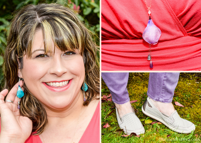 Purple jeans as practical?  In today's post, Hailey reviews the Ice Dye Ankle Jegging from Slink Jeans. For a casual ensemble, she pairs the Promenade Top from Kiyonna with the jeans, adding taupe Cobb Hill Zahara flats and colorful orchid jewelry from Nagasako Designs! - DivineMrsDiva.com #SlinkJeans #Kiyonna #KiyonnaPlusYou #Kiyonnastyle #purplejeans #psblogger #plussizeblogger #styleblogger #plussizefashion #plussize #psootd #ootd #plussizeclothing #outfit #fall #spring #summer #style 