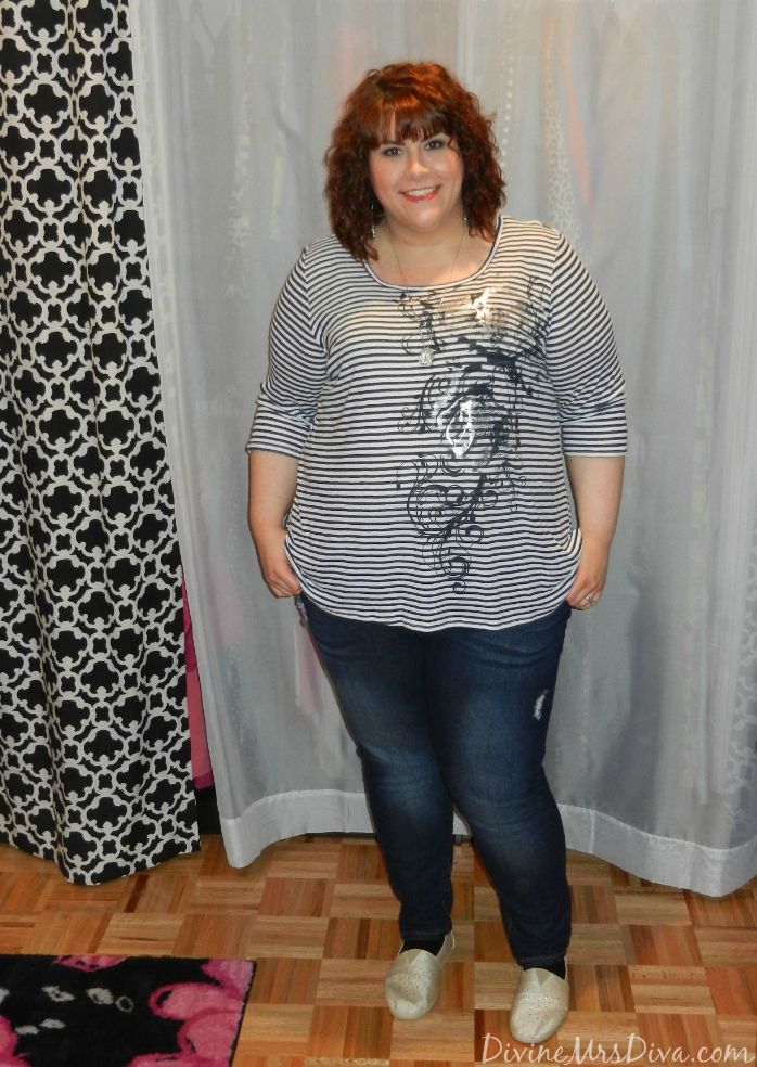 DivineMrsDiva.com - Avenue Striped Metallic Screen Print Tee and Casey Beaded Canvas Flat, Lane Bryant Skinny Jeans, Hooded jacket, and earrings