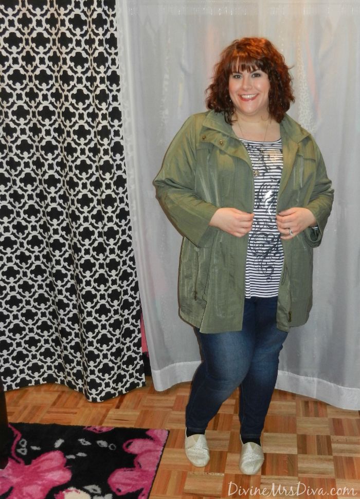 DivineMrsDiva.com - Avenue Striped Metallic Screen Print Tee and Casey Beaded Canvas Flat, Lane Bryant Skinny Jeans, Hooded jacket, and earrings