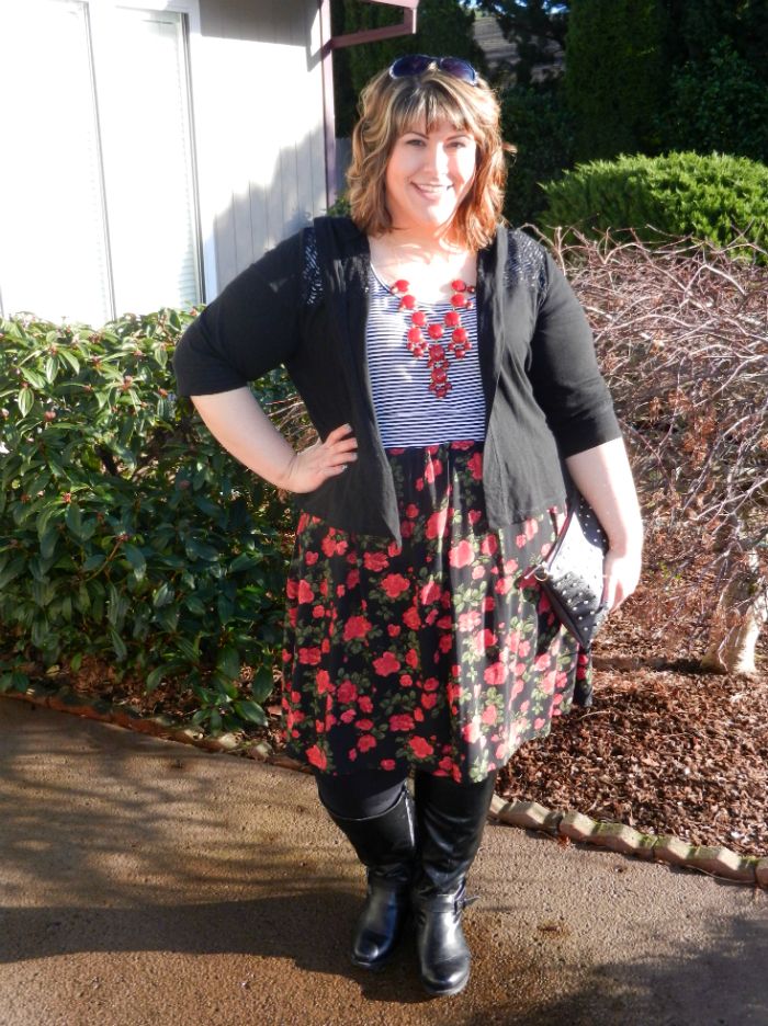 What I Wore: Winter Roses - Torrid Striped and Floral Dress and Lace Hoodie Cardigan, Avenue Boots, Charming Charlie Olivia Crossbody - DivineMrsDiva.com
