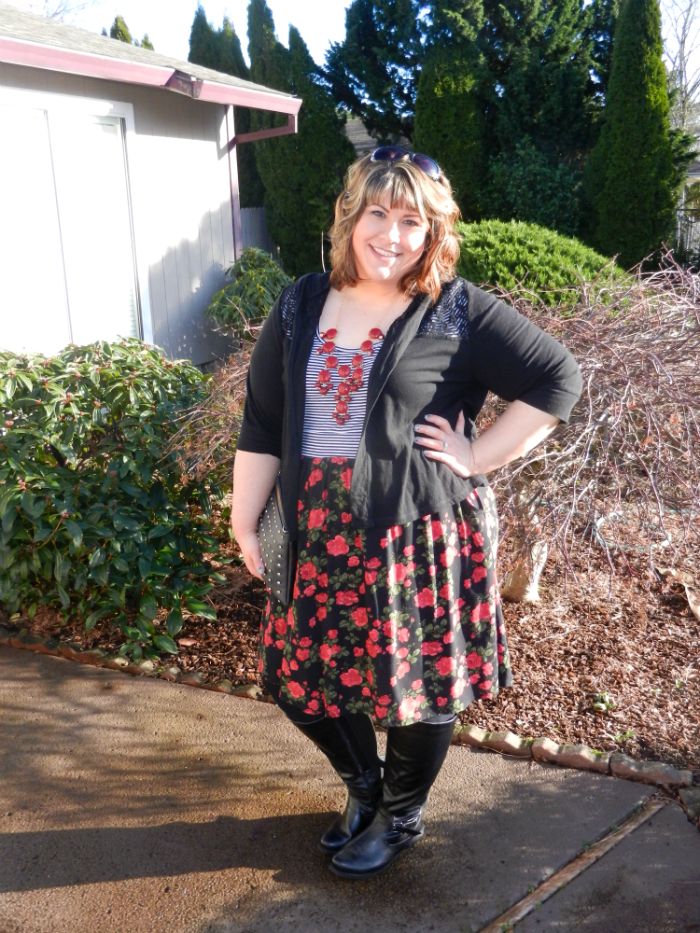 What I Wore: Winter Roses - Torrid Striped and Floral Dress and Lace Hoodie Cardigan, Avenue Boots, Charming Charlie Olivia Crossbody - DivineMrsDiva.com