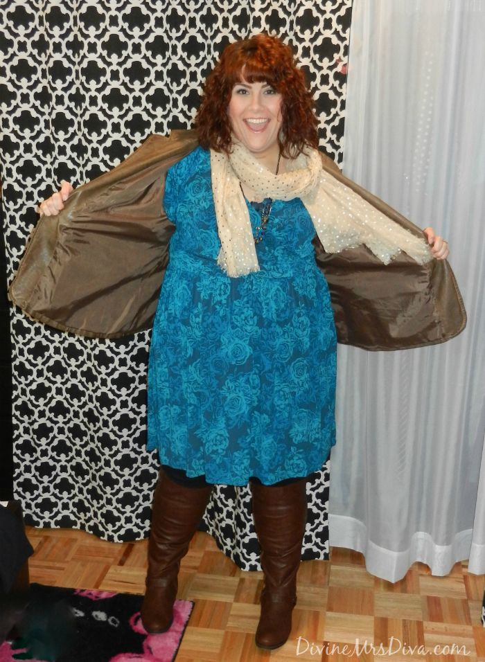 DivineMrsDiva.com - Torrid Rose Print Dress, Avenue Perry Stretch Riding Boots and Lace Cami, Target Metallic Dot Scarf