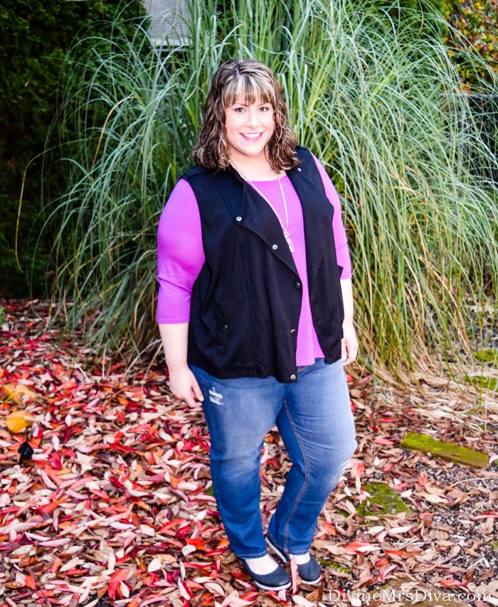 In today's post, Hailey reviews the Drape Front Vest from Torrid and Girlfriend Jean from Catherines - two wardrobe basics with loads of potential! - DivineMrsDiva.com #Torrid #TorridInsider #Catherines #CatherinesStyle #ILoveCatherines #psblogger #plussizeblogger #styleblogger #plussizefashion #plussize #psootd #ootd #plussizeclothing #outfit #spring #winter #fall #summer #style #vest #plussizecasual #lanebryant #crocs