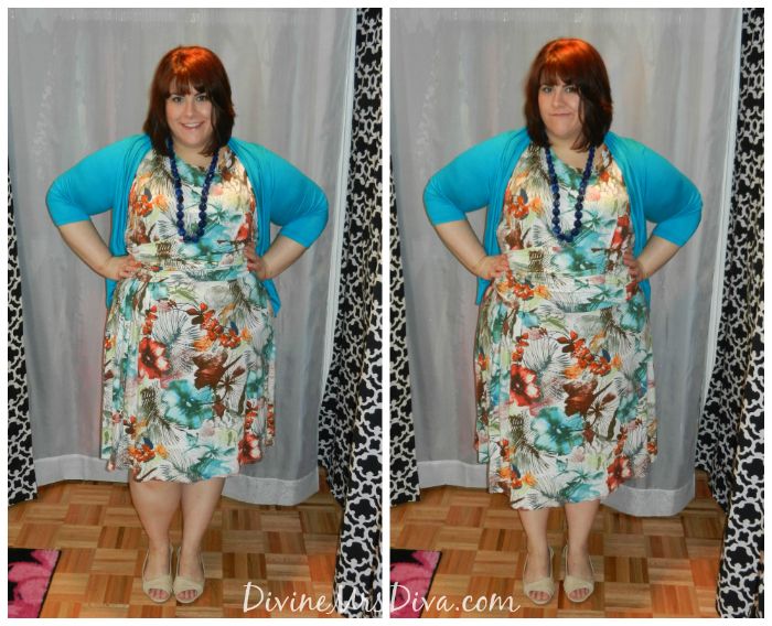 DivineMrsDiva.com - Easy Tropical Garden Dress by NorthStyle via Gwynnie Bee, Amber Shrug from SWAK Designs, Peep Toe Flats from Avenue, Necklace from World Market