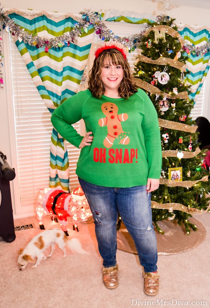 Today, Hailey reviews the Oh Snap! Gingerbread Man Ugly Christmas Sweater from Target and Distressed Plaid Skinny Jeans from Lane Bryant.  She also walks you through the fun gingerbread-inspired accessories she made for her outfit! - DivineMrsDiva.com #Target #TargetStyle #LaneByrant #LaneStyle #skinnyjeans #Christmas #holiday #uglysweater #uglychristmassweater #gingerbreadman #DIY #psblogger #plussizeblogger #styleblogger #plussizefashion #plussize #psootd #ootd #plussizeclothing #outfit #winter #style #plussizecasual 