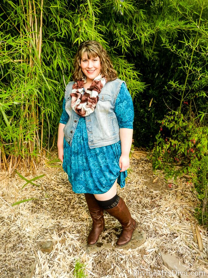 Wear It Now, Wear It Later: Floral  - Transition your summer florals into fall. (Hailey is wearing a Torrid teal floral dress, American Rag Denim Vest, scarf by Nepali by TDM, Avenue Stretch Boots, Lane Bryant Over The Knee Boot Socks. - DivineMrsDiva.com  #fallfashion #psootd #styleblogger #fallstyle #floral #floralprint #falltrends #plussizefashion #ootd #fashionblogger