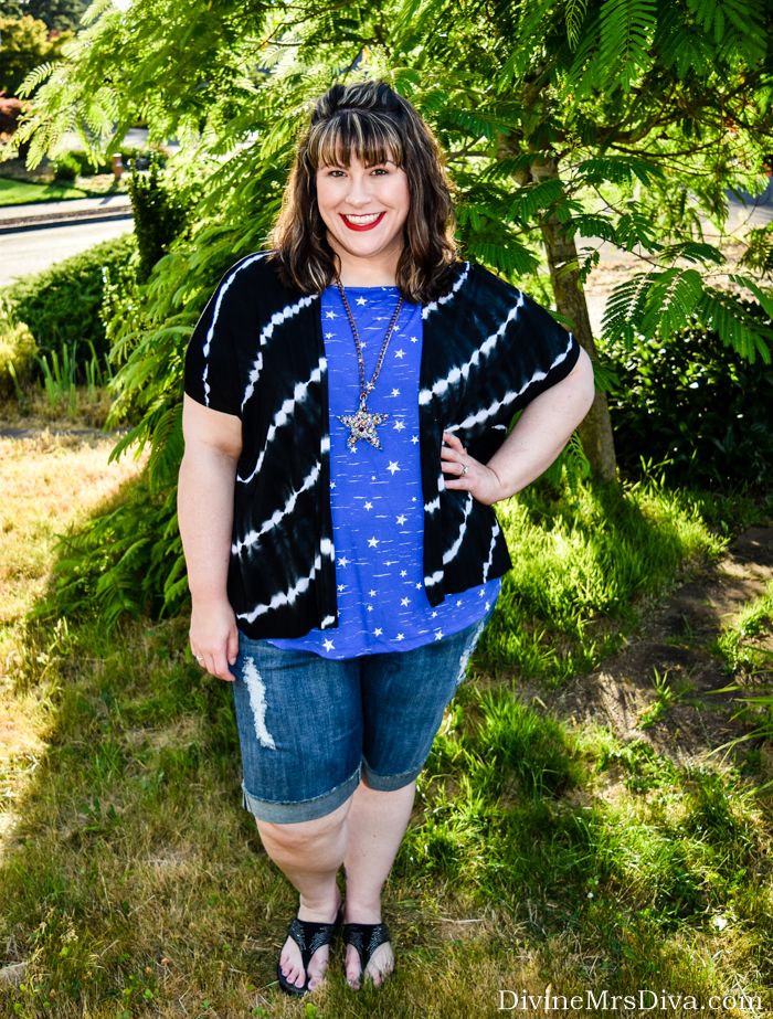 In today’s post, Hailey reviews her twist on a patriotic look in this summer perfect ensemble. (Lane Bryant Star Tank with Criss-Cross Back and Distressed Denim Bermuda Short)- DivineMrsDiva.com #LaneBryant #LaneStyle #patriotic #shorts #plussizeshorts #FitFlops #BetseyJohnson #Torrid #TorridInsider #TieDye #psblogger #plussizeblogger #styleblogger #plussizefashion #plussize #psootd #ootd #plussizeclothing #outfit #summer #spring #style