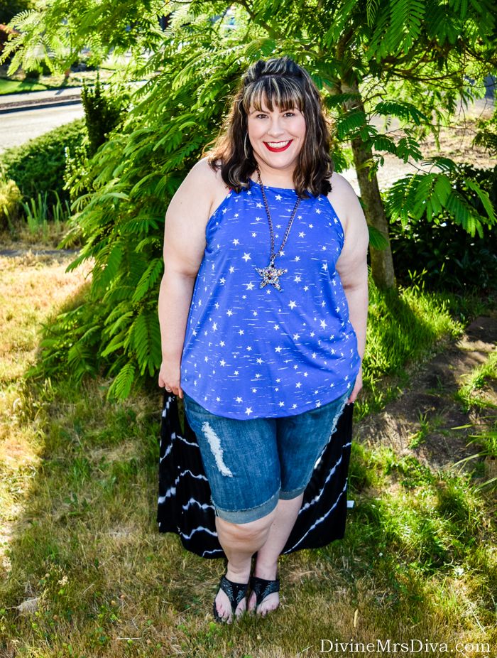 In today’s post, Hailey reviews her twist on a patriotic look in this summer perfect ensemble. (Lane Bryant Star Tank with Criss-Cross Back and Distressed Denim Bermuda Short)- DivineMrsDiva.com #LaneBryant #LaneStyle #patriotic #shorts #plussizeshorts #FitFlops #BetseyJohnson #Torrid #TorridInsider #TieDye #psblogger #plussizeblogger #styleblogger #plussizefashion #plussize #psootd #ootd #plussizeclothing #outfit #summer #spring #style