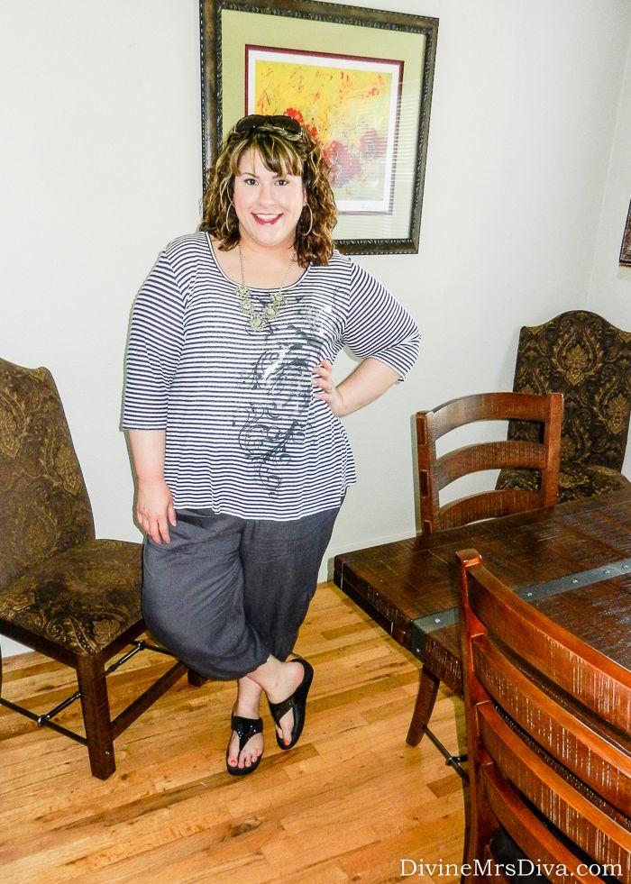 Hailey is wearing the Soft Cargo Pant from Lane Bryant, Striped tee from Avenue, and Flare Thongs by FitFlops. - DivineMrsDiva.com  #lanebryant