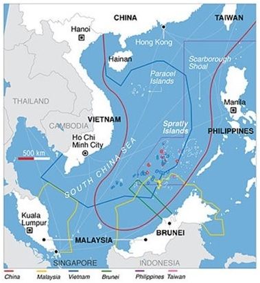 Bản đồ Biển Đông (theo cách gọi của Việt Nam) với đường “lưỡi bò chín đoạn” mà Trung Cộng áp đặt trong mưu toan thâm độc cưỡng chiếm 90% lãnh hải.