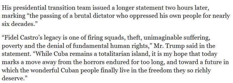 Những lời Donal Trump viết sau đó vài giờ về cái chết của Fidel Castro